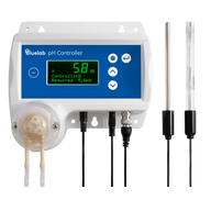 Bluelab pH Controller with Wi-Fi, display showing 5.8 pH, peristaltic pump, and probes.