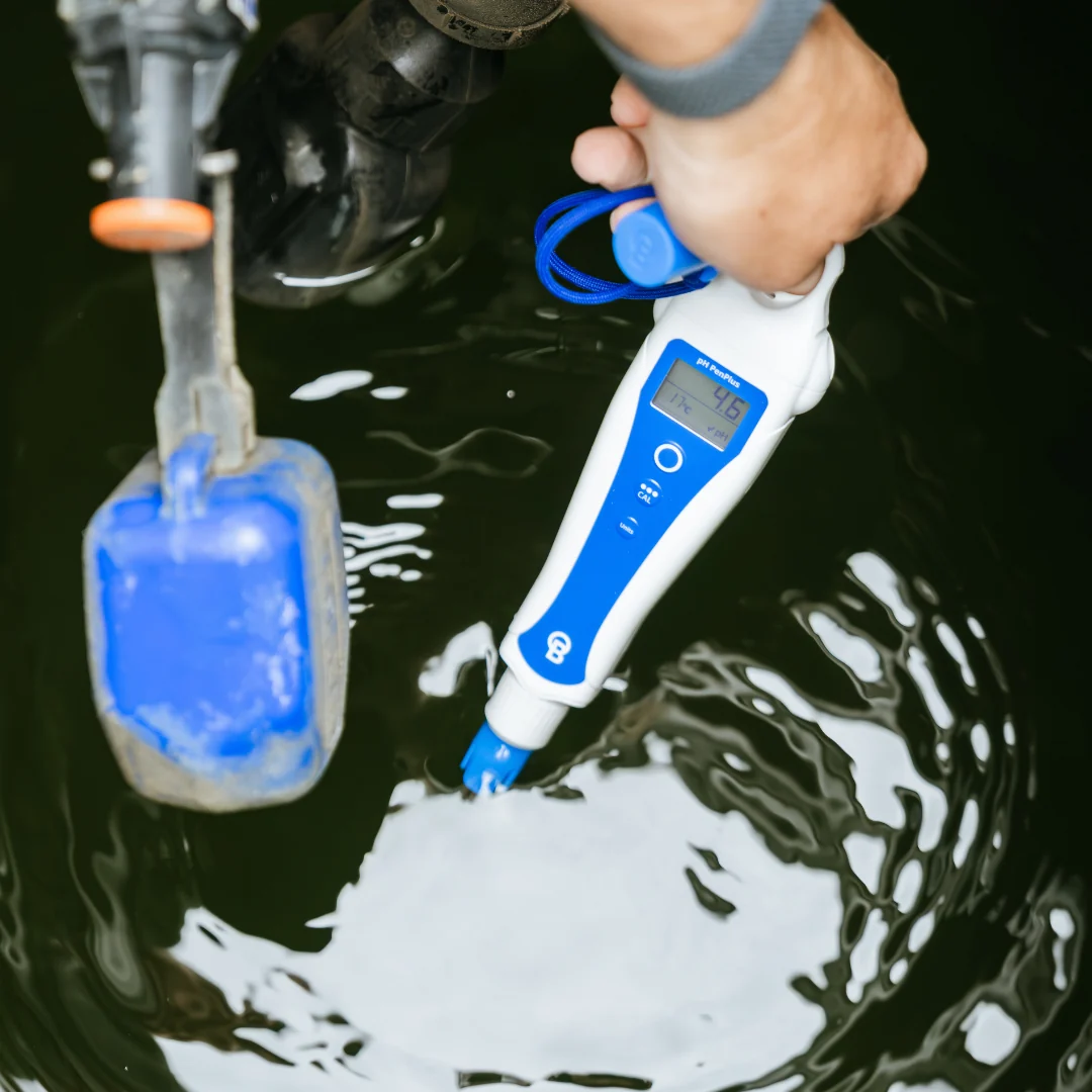 Bluelab pH PenPlus in murky water reading 4.6 pH.