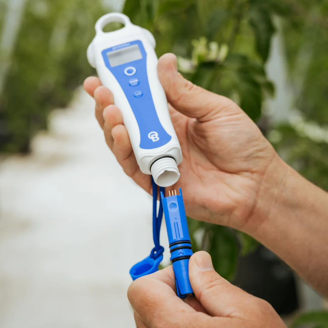 Person holding a Bluelab pH pen and probe, preparing to attach them.