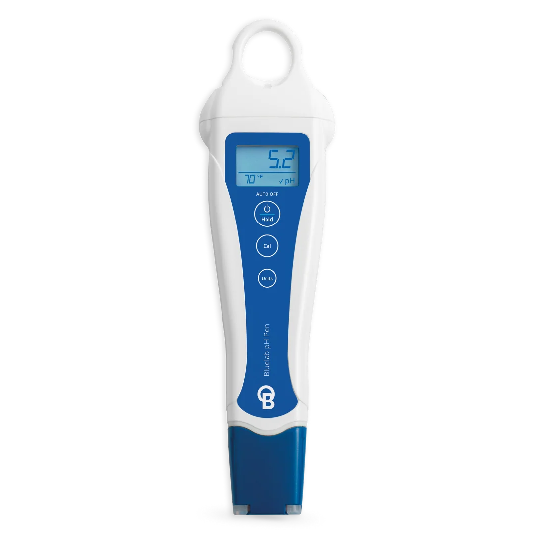 Bluelab pH pen with digital display showing 5.2 pH and 70°F, white and blue design.