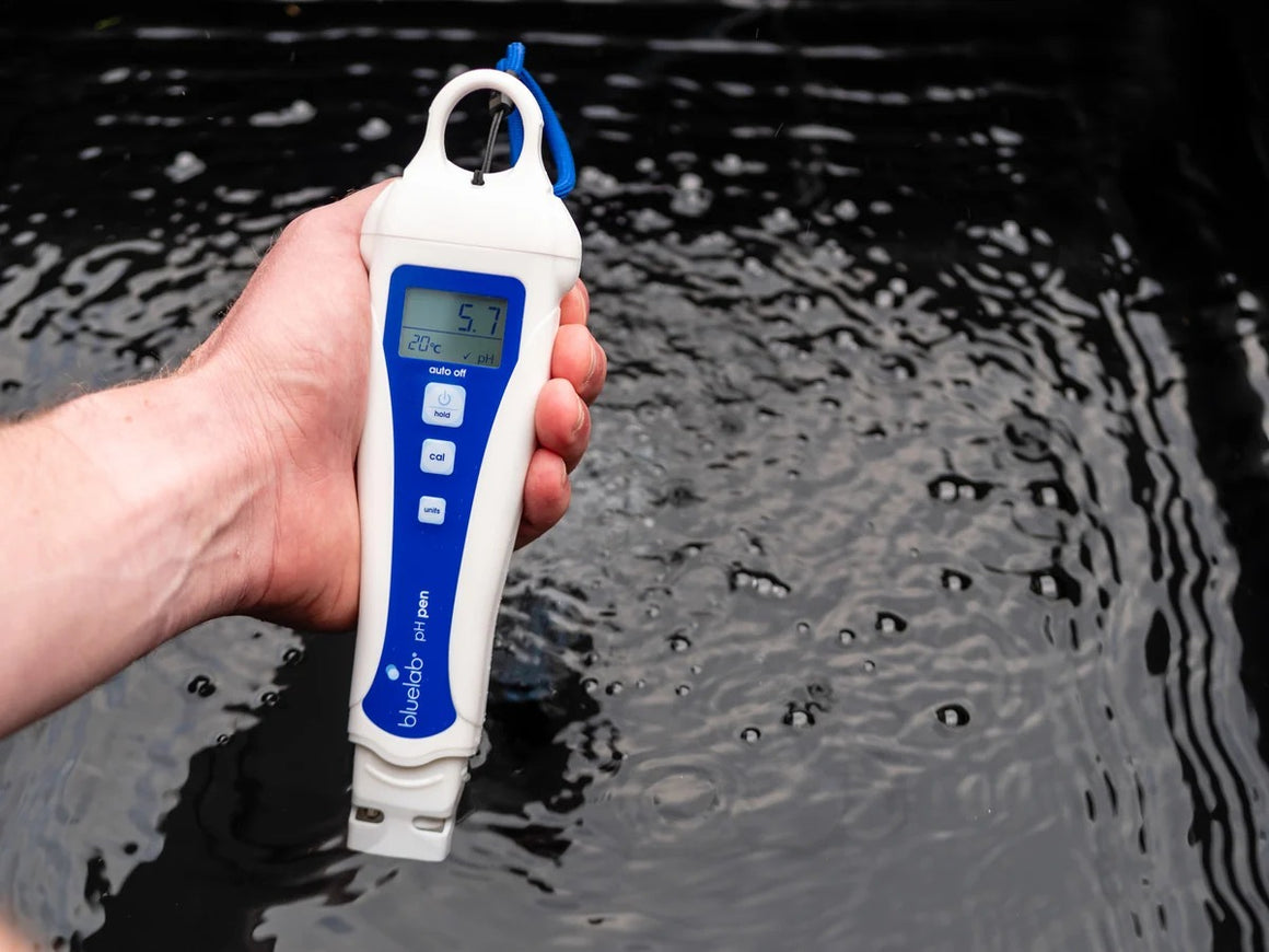 Bluelab pH pen measures 5.7 pH and 20°C in dark water, held by a hand.