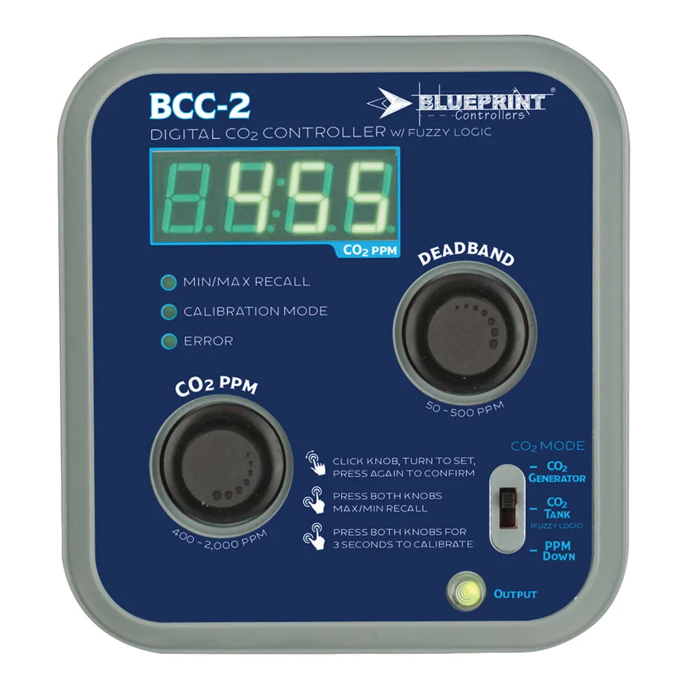 Blueprint BCC-2 digital CO2 controller with fuzzy logic, display, and knobs.