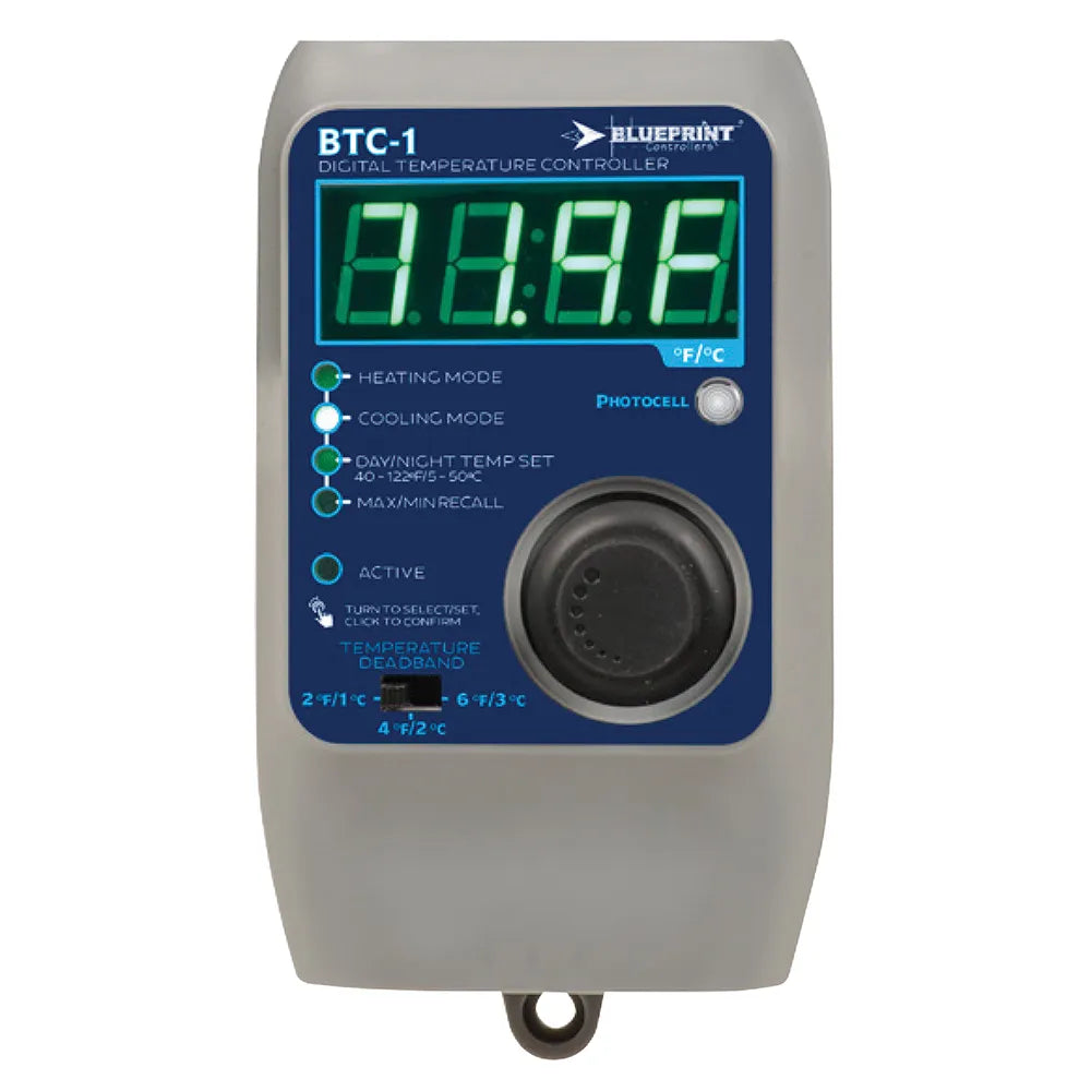 Blueprint BTC-1 Digital Temperature Controller with green LED display and control dial.