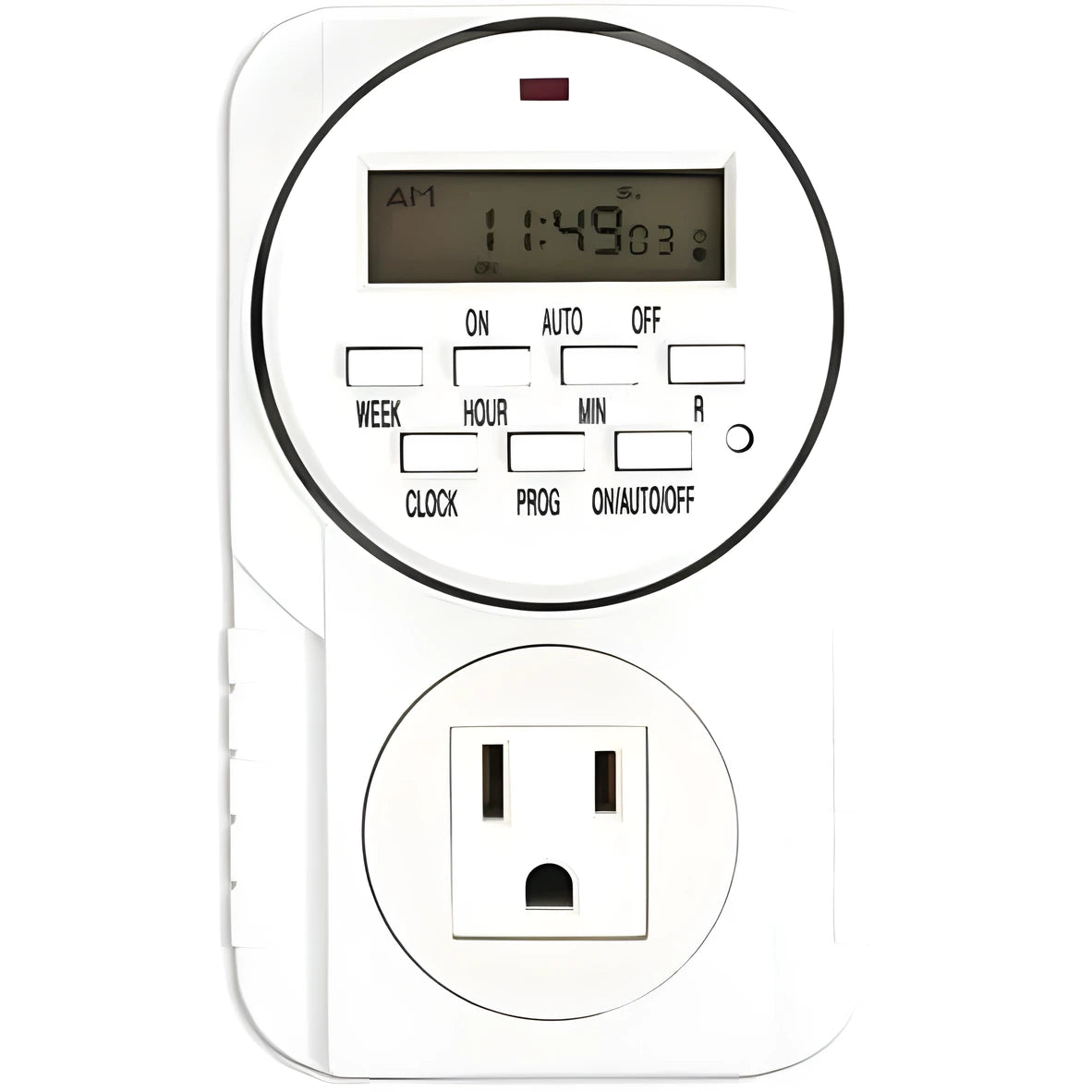 White digital timer with LCD screen displaying time, buttons for programming, and a power outlet.