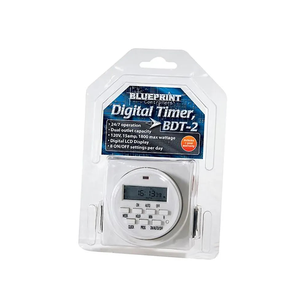 Blueprint Controllers Digital Timer BDT-2 in packaging, featuring dual outlet, 120V, 15 amp, LCD display.