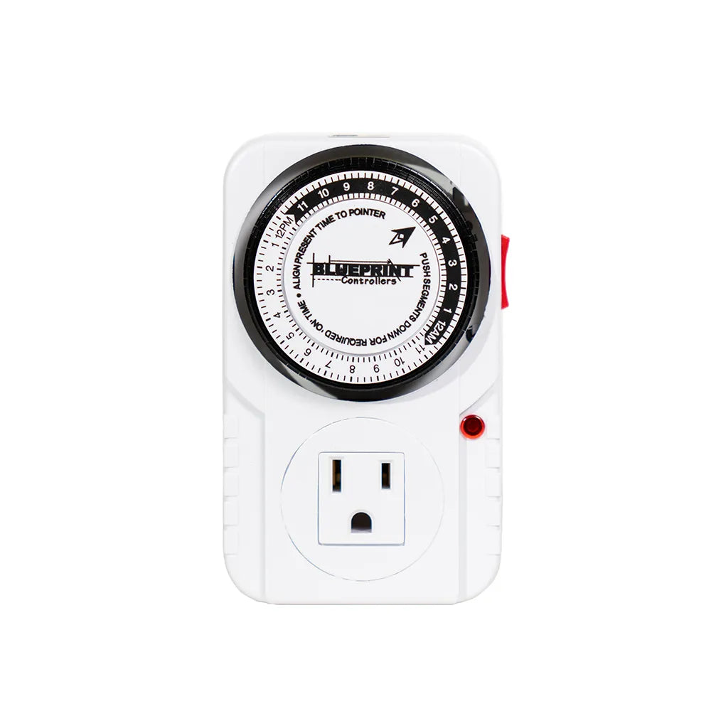 White Blueprint Controllers mechanical timer with a 120V outlet and programmable dial with ON/OFF segments.