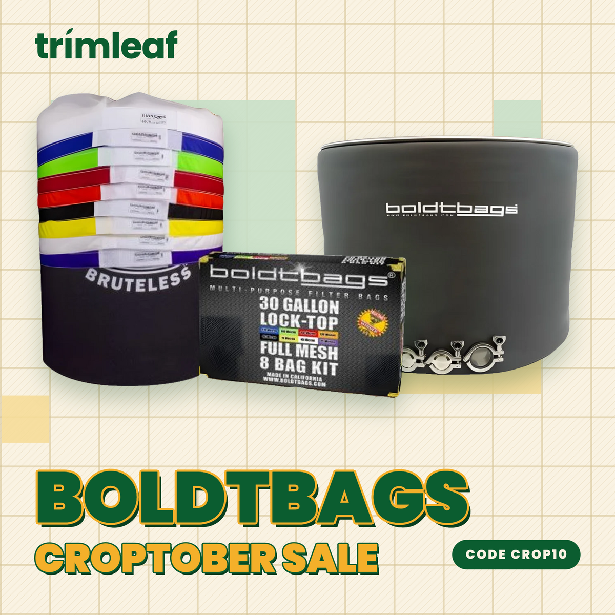 Boldtbags offers a multi-purpose filter bag kit for a Croptober sale. Features include a stack of colored filter bags and a large black lock-top container.