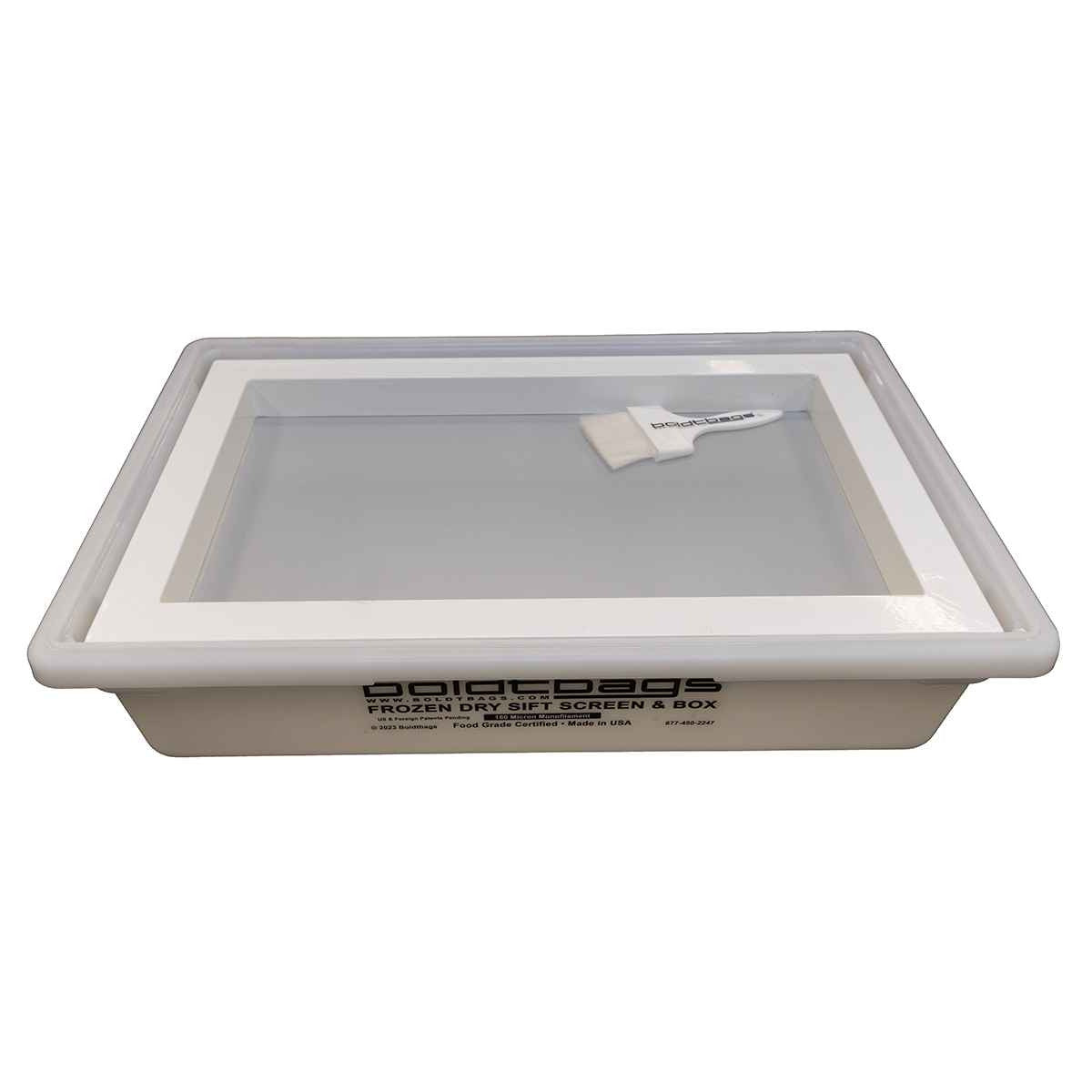 Boldtbags dry sift screen and box with a small white brush.