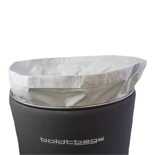 Open gray Boldtbags 65-gallon wash liner with white band attached, inside a black bin.