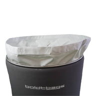 Open gray Boldtbags 65-gallon wash liner with white band attached, inside a black bin.