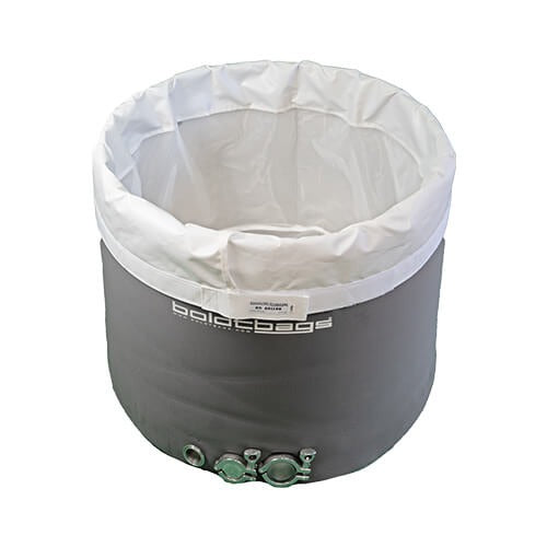 Boldtbags 65 gallon open wash liner with white interior, grey exterior, and two clamps on the bottom.