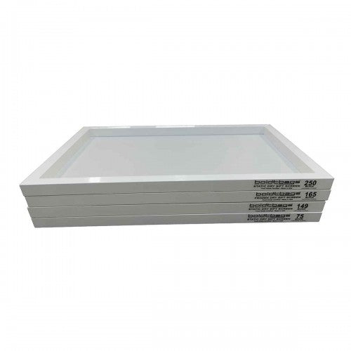 Stack of four white Boldtbags static dry sift screens with labels.