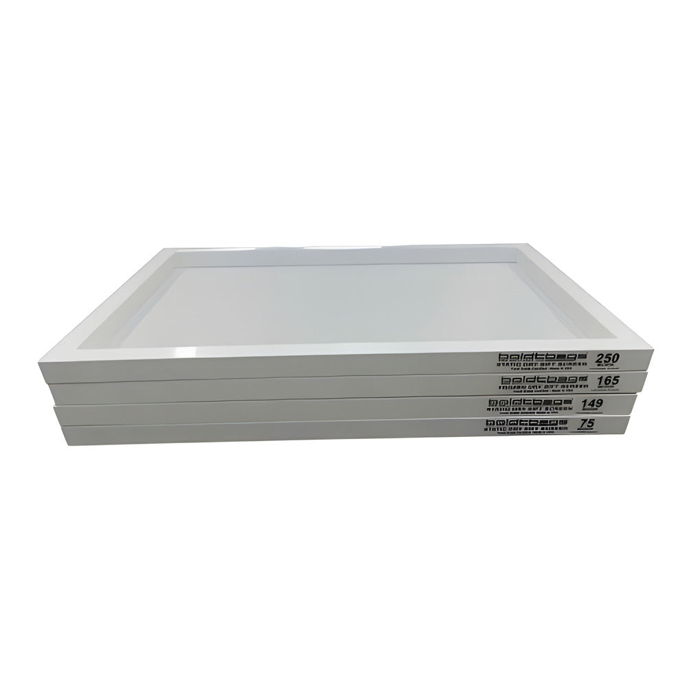 Stack of four white Boldtbags static dry sift screens with labels.