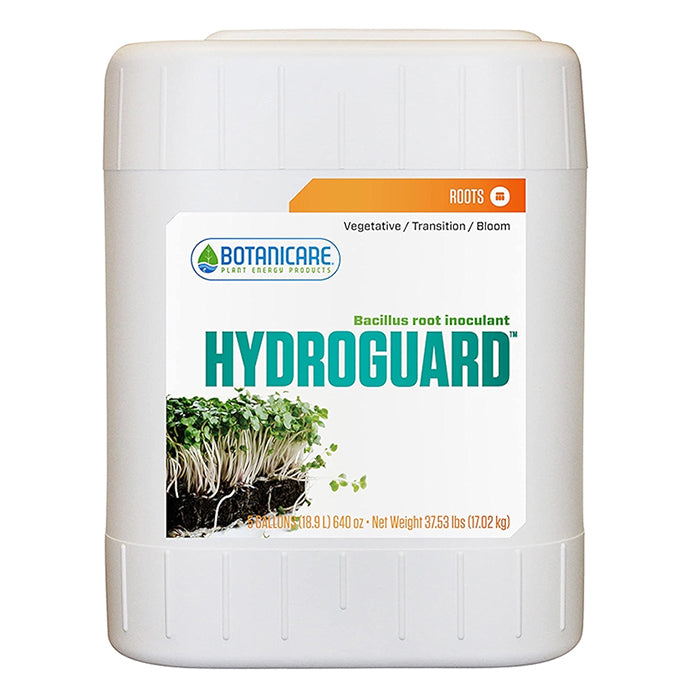 Botanicare Hydroguard 5-gallon jug with "Roots" label, showing healthy plant sprouts and listing weight.