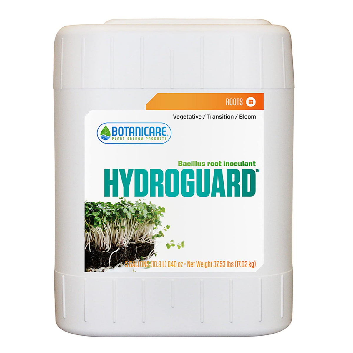 Botanicare Hydroguard 5-gallon jug with "Roots" label, showing healthy plant sprouts and listing weight.