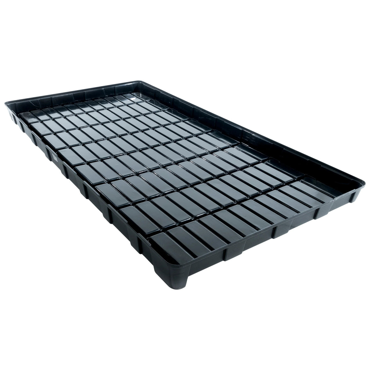Black hydroponic grow tray with grid pattern, 4ft x 8ft, 6in deep.