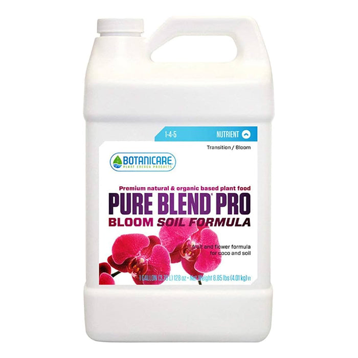 Botanicare Pure Blend Pro Bloom Soil Formula gallon jug with orchids.