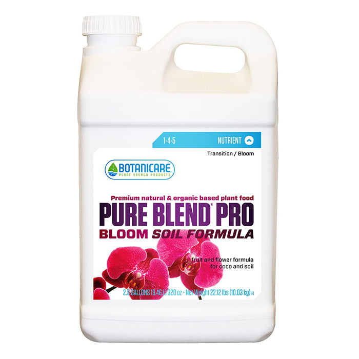 Botanicare Pure Blend Pro Bloom Soil Formula: 2.5-gallon jug with orchids, organic plant food for fruit and flowers.