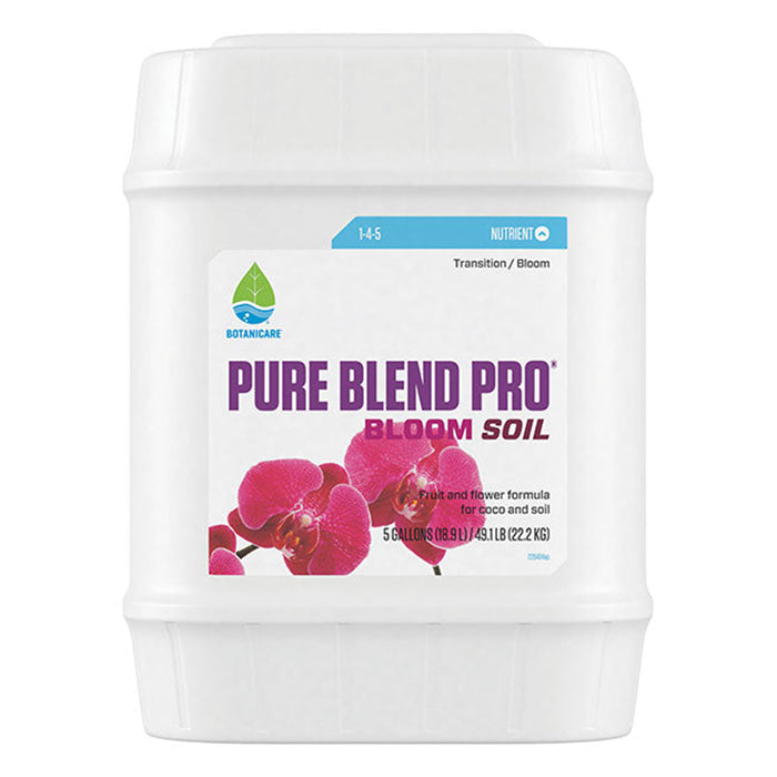 Botanicare Pure Blend Pro Bloom Soil 5 Gallon bucket with pink orchids.