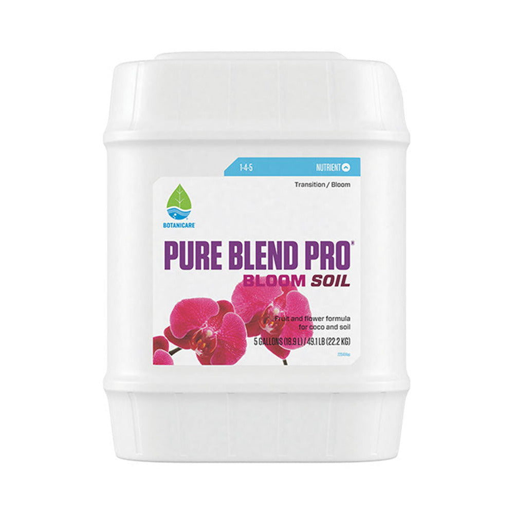 Botanicare Pure Blend Pro Bloom Soil 5 Gallon bucket with pink orchids.