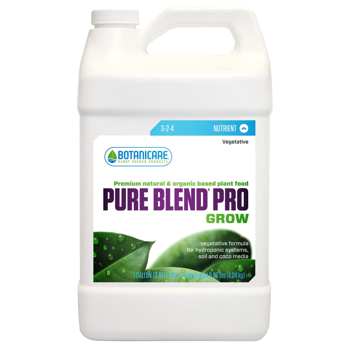 Botanicare Pure Blend Pro Grow 1 Gallon jug of vegetative plant nutrient formula.