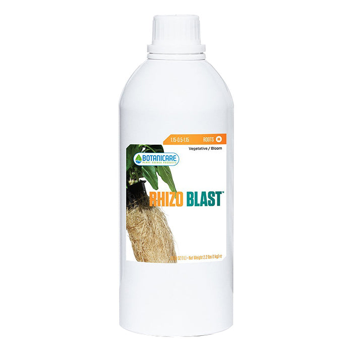 Botanicare Rhizo Blast plant nutrient bottle with image of healthy roots.