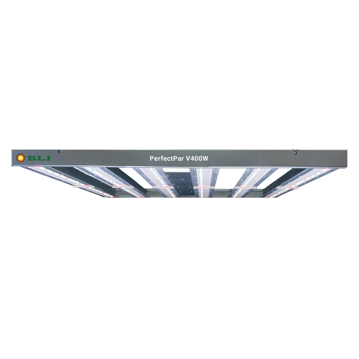 BLI PerfectPar V400W LED grow light fixture, gray frame with multiple white and red light bars, angled view.