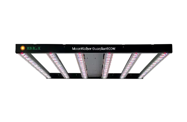 BLi MoonWalker Guardian 900W LED grow light with six white and red light bars on a black background.