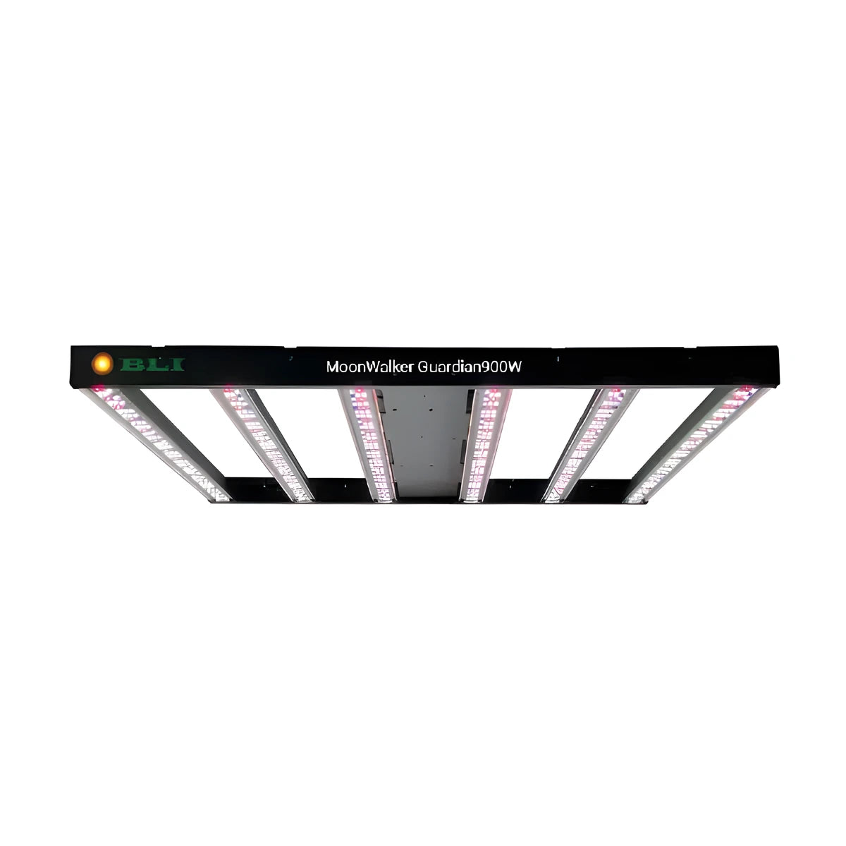 BLi MoonWalker Guardian 900W LED grow light with six white and red light bars on a black background.