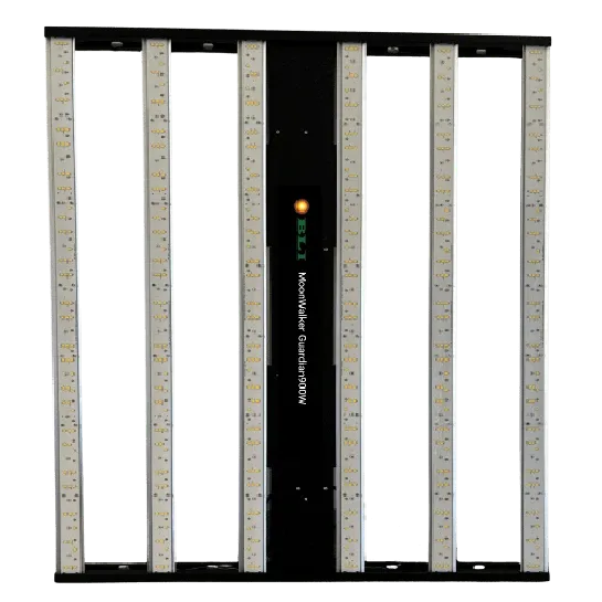 BoulderLamp Guardian 900W LED grow light with multiple bars and lights, and "BLI MoonWalker Guardian900W" text.