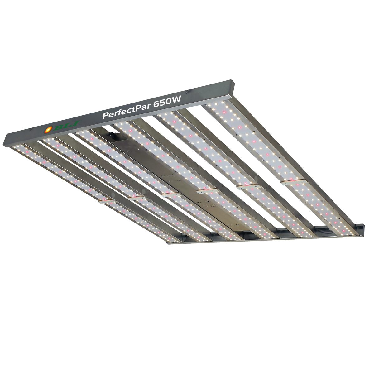 BLI PerfectPar 650W LED grow light for horticulture, featuring multiple bar-style modules with red and white LEDs.