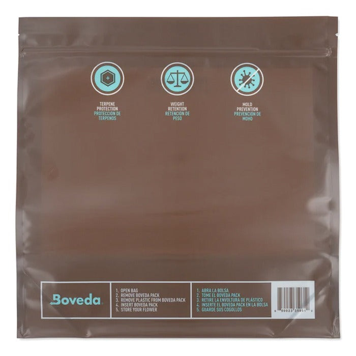 Boveda Fresh Bag with 62% RH humidity pack, featuring terpene, weight, and mold protection icons.