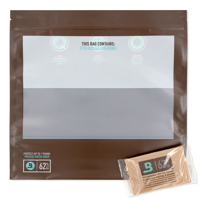 Boveda 1lb Fresh Bag with 62% RH humidity pack, protecting contents from moisture.