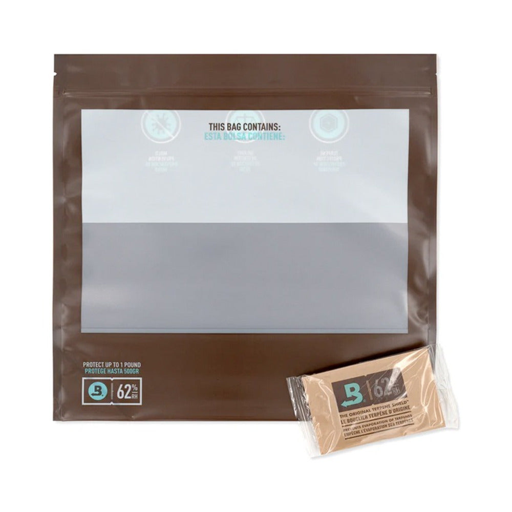 Boveda 1lb Fresh Bag with 62% RH humidity pack, protecting contents from moisture.