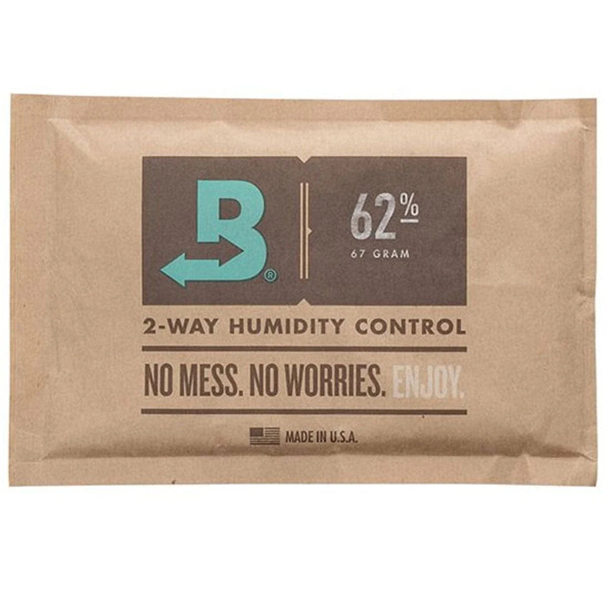 Boveda 2-way humidity control packet, 62% RH, 67g, Kraft paper packaging, Made in USA.