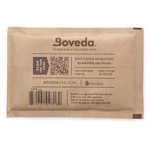 Boveda 62% 2-way humidity control pack, kraft paper packet with QR code and instructions.