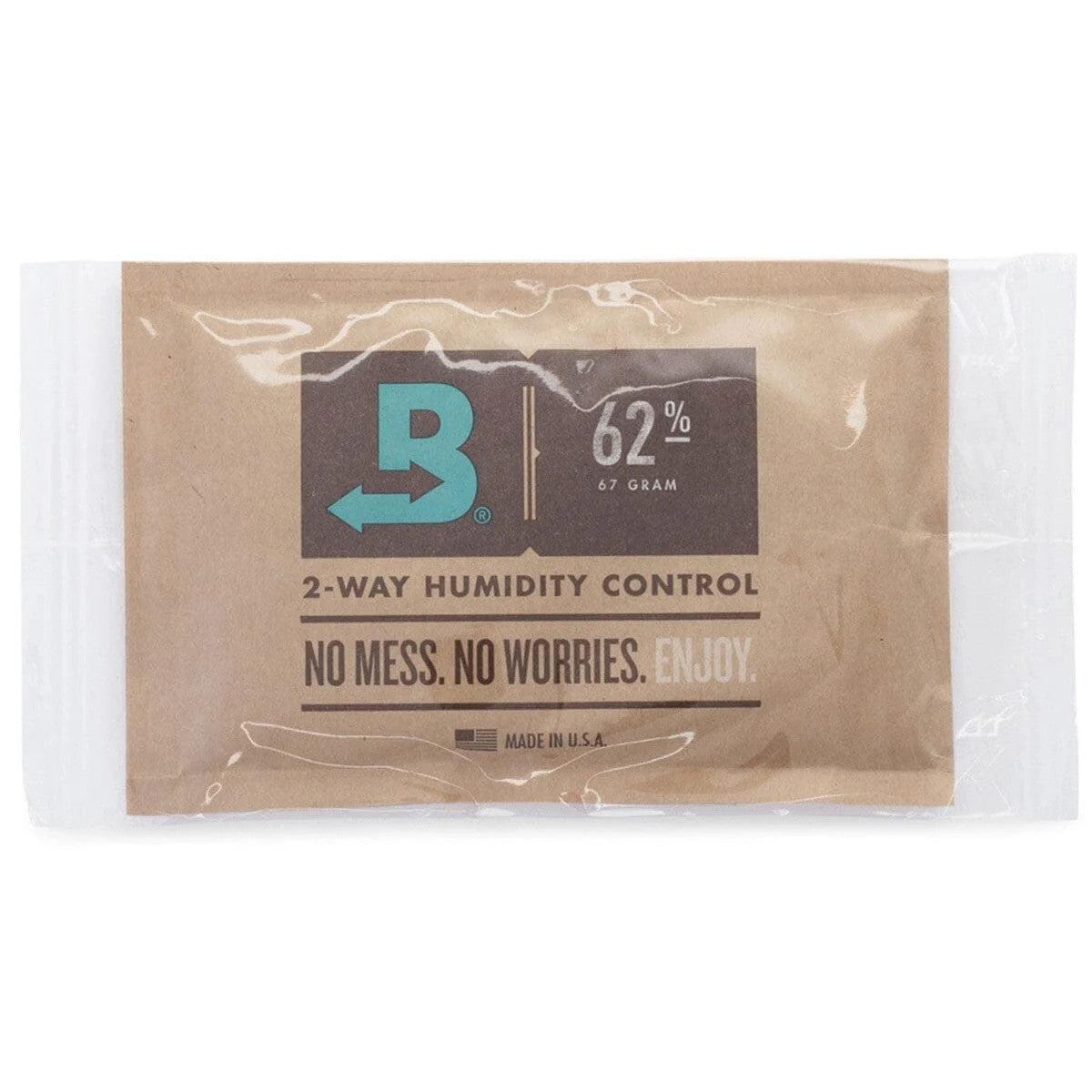 Boveda 2-way humidity control packet with "62%" and "B" logo on brown paper.