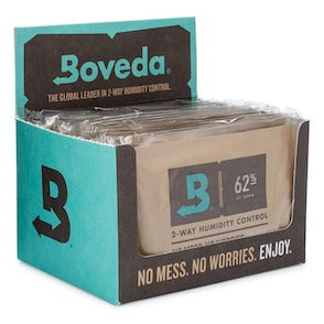 Boveda 62% 2-way humidity control pack in cardboard display box.