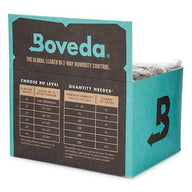 Boveda 2-way humidity control packs in a cardboard display box, showing RH level and quantity chart.