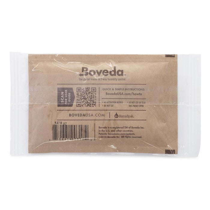 Boveda 2-way humidity control packet, individually wrapped with instructions and QR code.