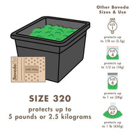 Boveda Size 320g packs protect up to 5 pounds or 2.5 kilograms, shown with a large container of green material.