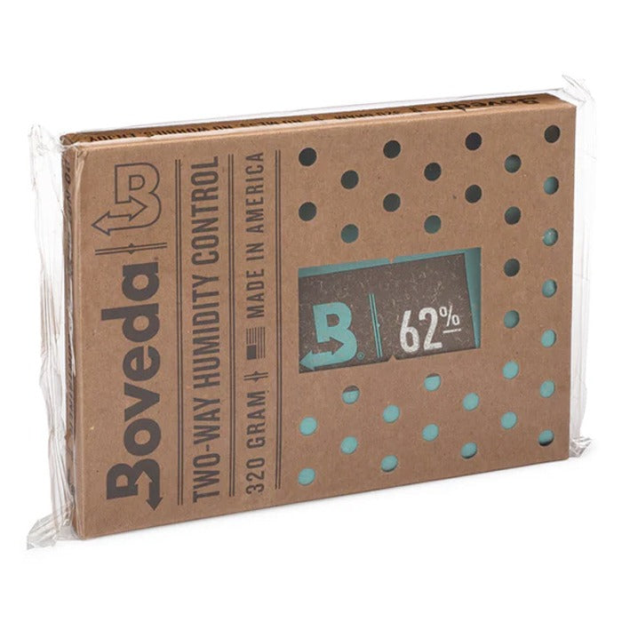Boveda 62% RH 320g two-way humidity control pack in clear plastic packaging.