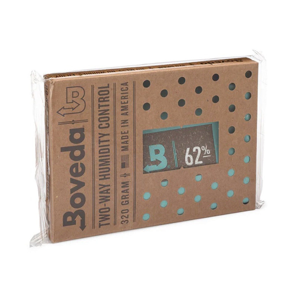 Boveda 62% RH 320g two-way humidity control pack in clear plastic packaging.