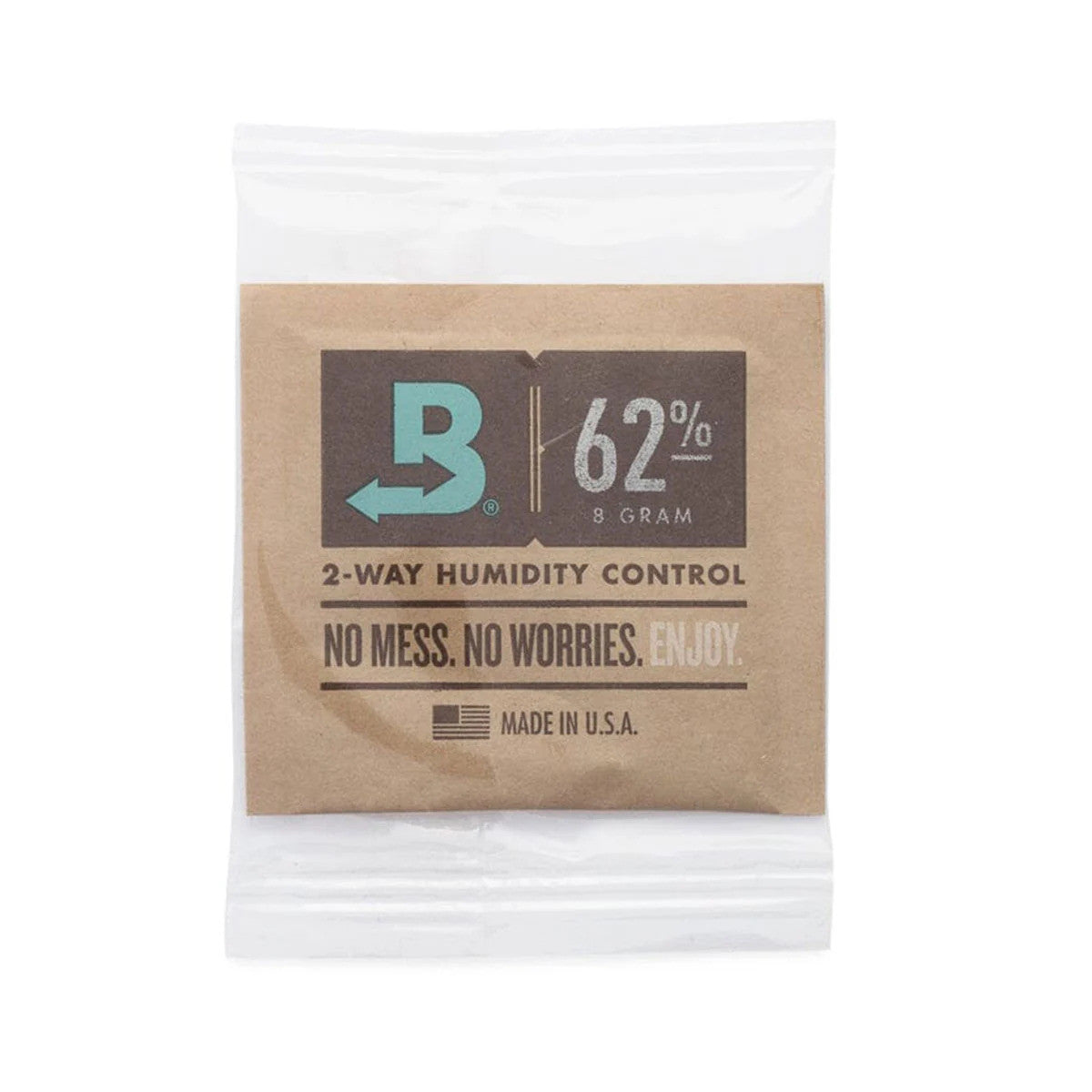 Boveda 62% RH 8g humidity control pack, individually wrapped, made in USA.