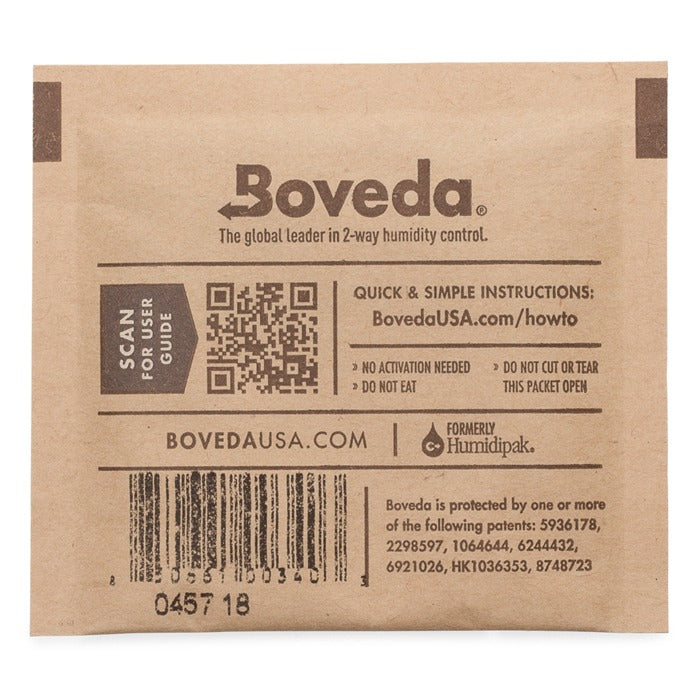 Boveda 2-way humidity control packet with QR code, instructions, and barcode.