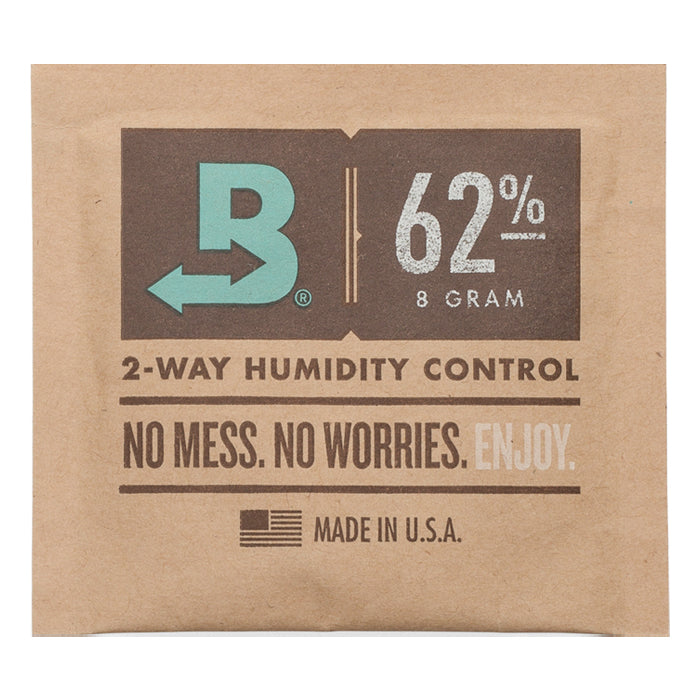 Boveda 62% RH 2-way humidity control pack, 8g, with "No Mess. No Worries. Enjoy." and "Made in U.S.A." text.