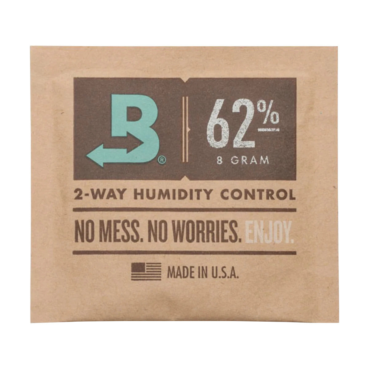 Boveda 62% RH 2-way humidity control pack, 8g, with "No Mess. No Worries. Enjoy." and "Made in U.S.A." text.