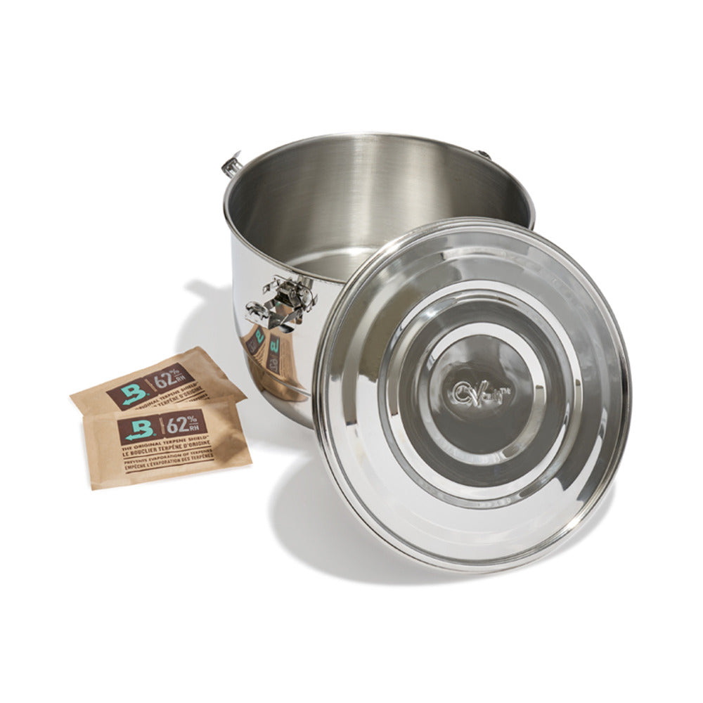 Boveda CVault 1lb stainless steel container with two 62% RH terpene shield packs.