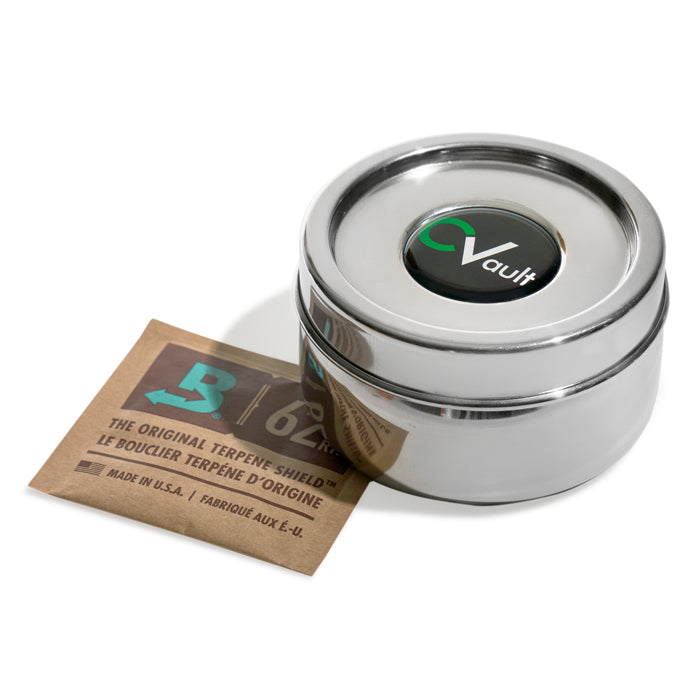 CVault personal container with Boveda terpene shield packet, both silver and brown.