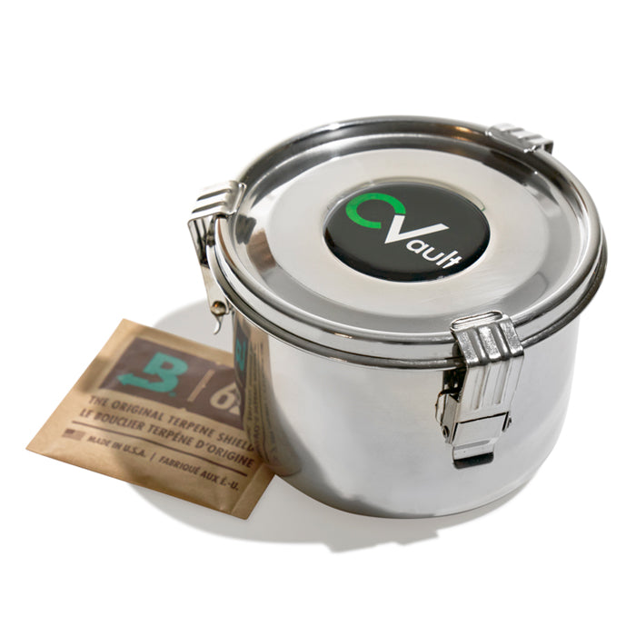 Boveda CVault personal 1oz stainless steel container with terpene shield, white background.
